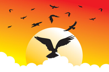 Naklejka premium Eagle vector. Illustration of a flock of eagles flying in the sky. Beautiful sunset atmosphere