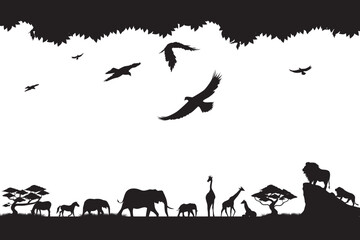 Fototapeta na wymiar Safari park silhouette. Illustration of a view of wildlife on an African safari