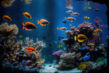 Fototapeta na wymiar In an oceanarium, a fish tank is included. Generative AI