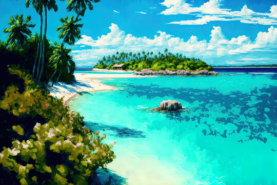 clear water large scale brush painting Summer heat Atlantic atoll. a view of the sea. the ocean. Illustration; digital art. Generative AI © 2ragon