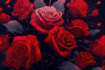 Romantic red roses - bright and colorful flowers created by generative AI. Floral background wallpaper with digital painted look.