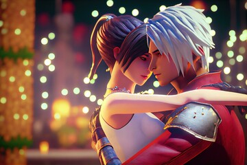 Warm, romantic embrace - a romantic scene of a male-female heterosexual couple. Modern 3D video game animation style for Valentine's Day 2023.