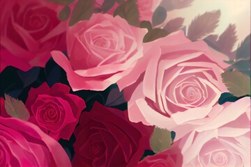 Romantic pink roses - bright and colorful flowers created by generative AI. Floral background wallpaper with digital painted look.