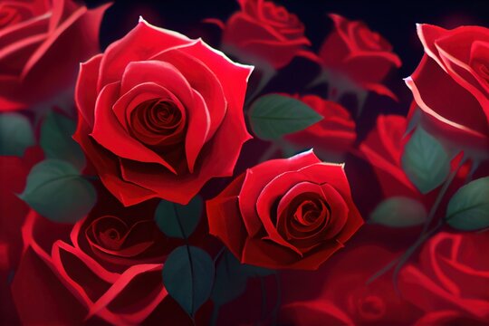 Romantic red roses - bright and colorful flowers created by generative AI. Floral background wallpaper with digital painted look.