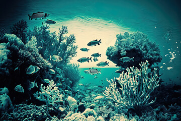 Vintage toning of a coral reef with a strange environment, marine life, and maritime scenery. Generative AI