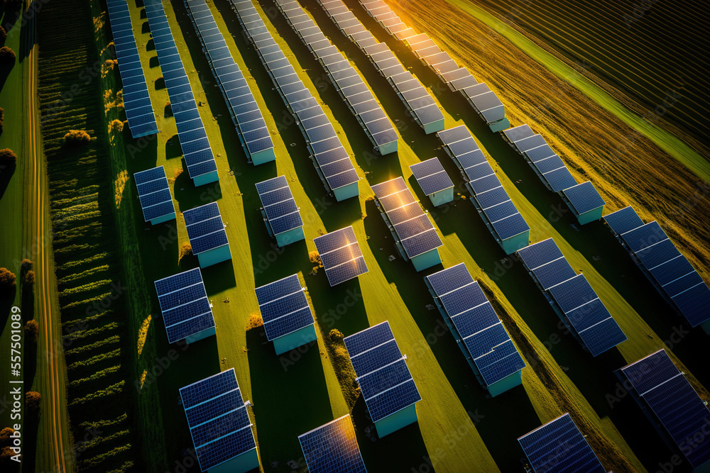 Canvas Prints An aerial picture of a field of solar batteries in the English countryside. Generative AI