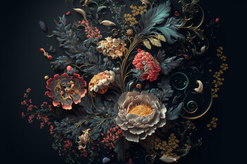 Obraz na płótnie Canvas A picture of a floral pattern on a black background, Generative AI