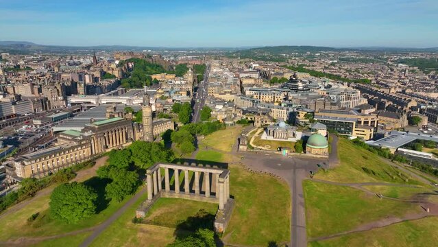 National Monument, Nelson Monument and City Observatory aerial view on Calton Hill in New Town of Edinburgh, Scotland, UK. New Town Edinburgh is a UNESCO World Heritage Site since 1995. 
