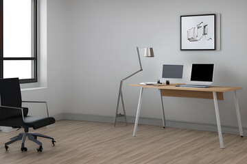 Modern computer on table in office interior. Stylish workplace high resolution photography, office chair, office table, one bed
