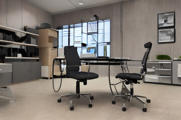 Fototapeta na wymiar Modern computer on table in office interior. Stylish workplace high resolution photography, office chair, office table, one bed