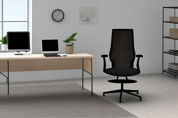 Modern computer on table in office interior. Stylish workplace high resolution photography, office chair, office table, one bed