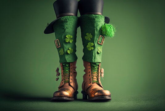 Close up on a pair of green boots shoes that a leprechaun could wear for Saint Patrick's day festivity for irish holidays in Irland, ai generative with copy space