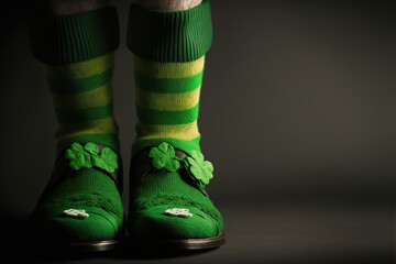Leprechaun feet with green socks and shoes st patricks day theamed on a dark background with copy space, generative ai