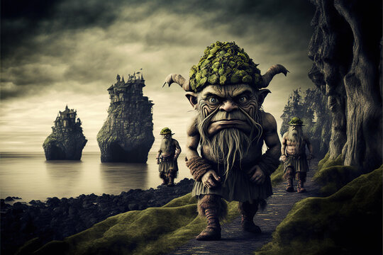 Angry group of trolls walking on an imaginary land, generative ai