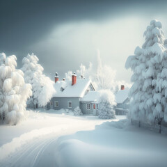 2023 this is a beautiful snow scene the town is covered by heavy snow the bungalows and trees are covered by thick snow and rime, Generative AI	