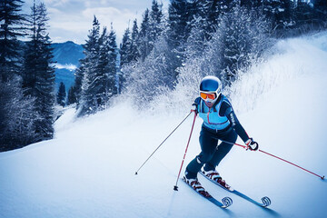 skier on the slope,Skiing portrait of a woman alpine skier wearing skis, a hardshell winter jacket, a helmet, cool ski goggles, Generative AI	