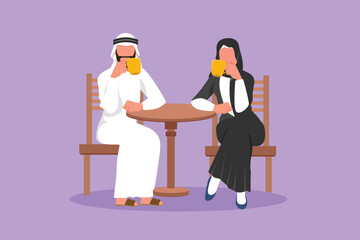 Cartoon flat style drawing loving couple is drinking coffee in cafe. Arabian man and woman are sitting at table in cozy restaurant. Breakfast morning daily concept. Graphic design vector illustration