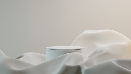 3d Rendered Podium or Pedestal in White on Circular Shape with Soft Fluffy Fabric Element for Product Display or Product Presentation