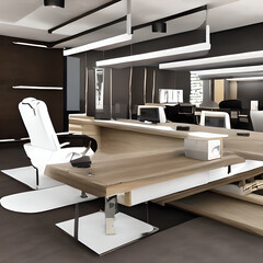 high resolution 4k office chair, office table, one bed, Modern computer on table in office interior. Stylish workplace, hyper realistic, intricate detail generative ai