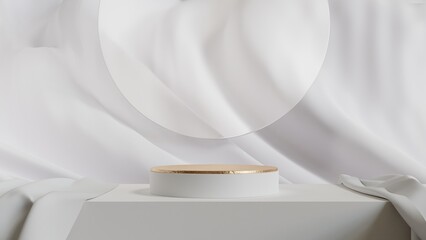 3d Rendered Aesthetic Podium in White with Gold Foil and Swirly Fabric Texture for Product Display or Product Showcase