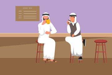 Character flat drawing of two Arabian businessman drinking coffee in cafetaria. Friends are sitting and talking at table in cozy restaurant. Breakfast morning daily. Cartoon design vector illustration