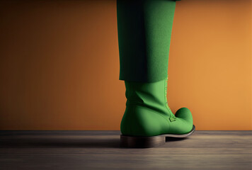 Close up on a pair of green boot that a leprechaun could wear for Saint Patrick's day festivity for irish holidays in Irland, ai generative with copy space