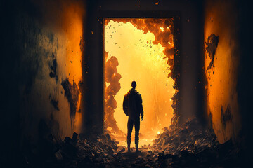 Fototapeta premium man looking in to unending entrance to another reality. Generative AI