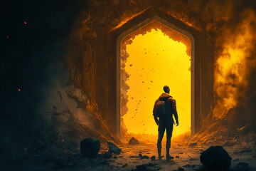 Fototapeta premium man looking in to unending entrance to another reality. Generative AI