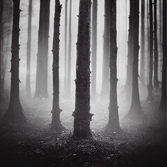 Spooky Misty Forest, Black and White, AI	 