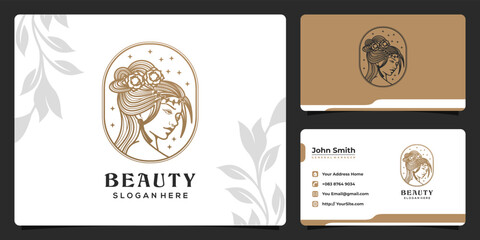 Beauty women monoline luxury logo design and business card template