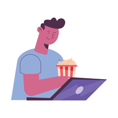 man using laptop and eating pop corn