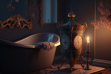 A bathtub in a dimly lit room with a clock on the wall, Generative AI