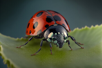 Naklejka premium A lady bug sitting on top of a green leaf, Generative AI