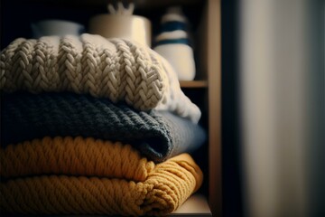 Obraz na płótnie Canvas warm, wool blanket or sweater folded neatly on a shelf, evoking feelings of comfort and coziness, REALISTIC (AI Generated)