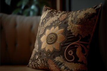 textured and patterned throw pillow on a couch or bed, evoking feelings of comfort and relaxation, as the soft, plush texture of the pillow invites you to sink in and unwind, REALISTIC (AI Generated)