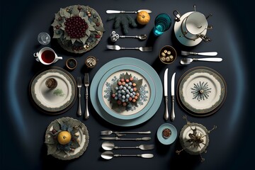 shot of the table from above, showing the arrangement of dishes, silverware, and decorations. Demonstrating the attention to detail that goes into setting a festive table (AI Generated)