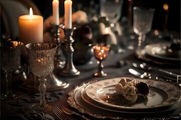 Fototapeta na wymiar table set for a formal dinner party, with elegant place settings and candles. Showing the more sophisticated side of the holiday and the ways in which it can be celebrated with elegance (AI Generated)