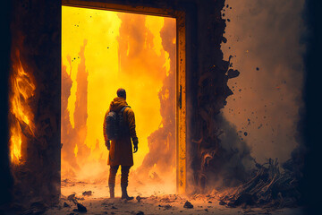 Fototapeta premium man looking in to unending entrance to another reality. Generative AI