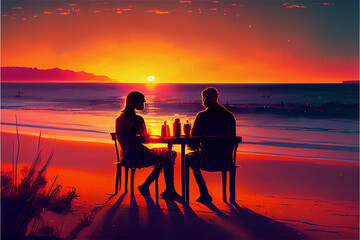 Obraz premium Romantic dinner date at sunset by the ocean, ideal for valentines backgrounds
