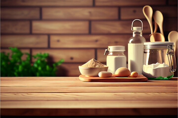 Fototapeta na wymiar wooden table top in a kitchen with culinary tools and ingredients for food preparation backgrounds