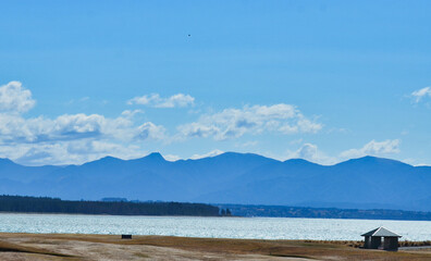  Background with Mountains and Ocean and Island and Picnic Table in New Zealand