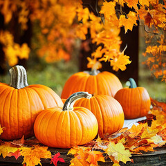 Naklejka premium pumpkins and autumn leaves, AI assisted finalized in Photoshop by me 