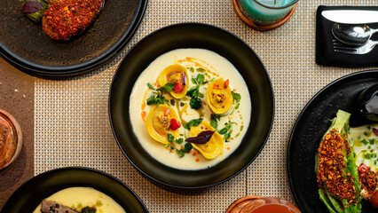 Salmon ravioli on the plate