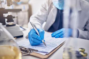 Research, clipboard and scientist writing, checklist and schedule form in laboratory. Science, researchers and make notes for data analysis, sample test and innovation for healthcare and medical cure
