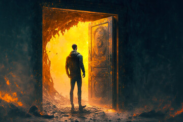 man looking in to unending entrance to another reality. Generative AI