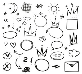 Infographic elements on isolation background. Collection of abstract signs on white. Sketchy shapes for design. Hand drawn simple crowns. Doodles for work. Black and white illustration