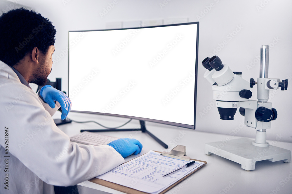 Poster mockup, science and black man with computer, research and typing for data analysis, healthcare and c