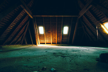 wooden structure of an old attic 