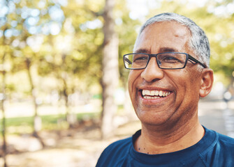 Fitness, face or happy senior man excited for running exercise, cardio workout or training for marathon in nature. Smile, peace or calm healthy elderly person relaxing or resting on exercising break