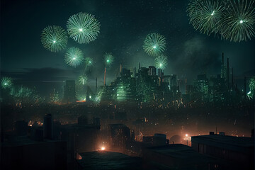 Obraz na płótnie Canvas illustration of festive Patrick day Fireworks light green gold emerald bokeh background. AI